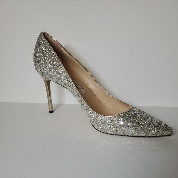 Jimmy Choo Romy Stilletto 85/100mm Champagne Glitter Pointed-Toe Pump - Picture 2 of 16